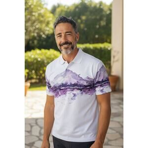 Yatta Golf Polo Shirt Mens Size L White Purple Short Sleeve Poly Stretch NEW